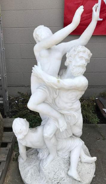 White Marble Statue w/ Mythological Figures: Whie marble statue with mythological figures with a partially nude man and two partially nude women. Finely carved. From a local estate. Measures approx. 48"H x 27"W x 15"D.