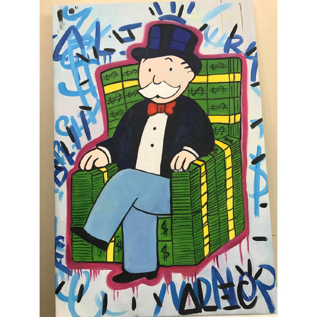 Oil on Canvas of Monopoly Man Sitting in Chair: Oil on canvas painting of Monopoly man sitting in chair made of money. An Alec Monopoly reproduction. In good condition, from a private collection. On stretched canvas, unframed. Measures approx. 36"H