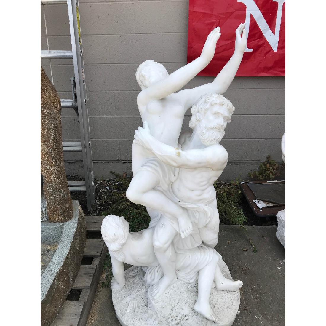 White Marble Statue w/ Mythological Figures: Whie marble statue with mythological figures with a partially nude man and two partially nude women. Finely carved. From a local estate. Measures approx. 48"H x 27"W x 15"D.