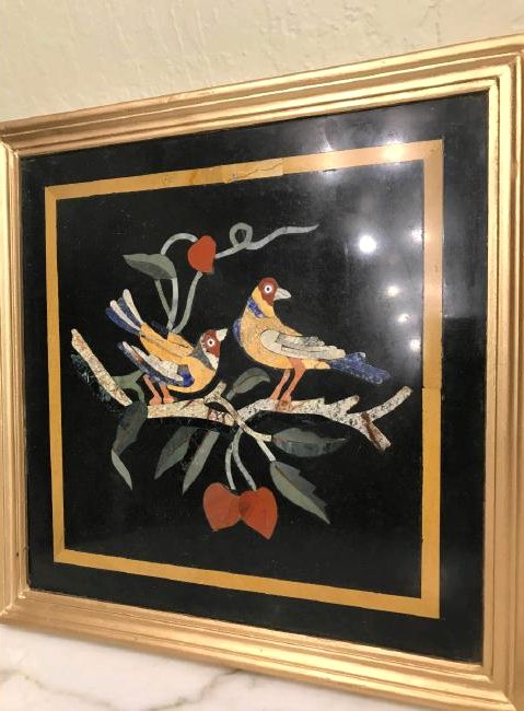 Pietra Dura Mosaic Art w/ Birds on a Tree: Pietra dura mosaic art with birds on a tree. Various stones inlaid including jade, lapis lazuli, carnelian, and malachite set in onyx. Framed in a gilded wooden frame measuring approx. 13"H x 13"W.