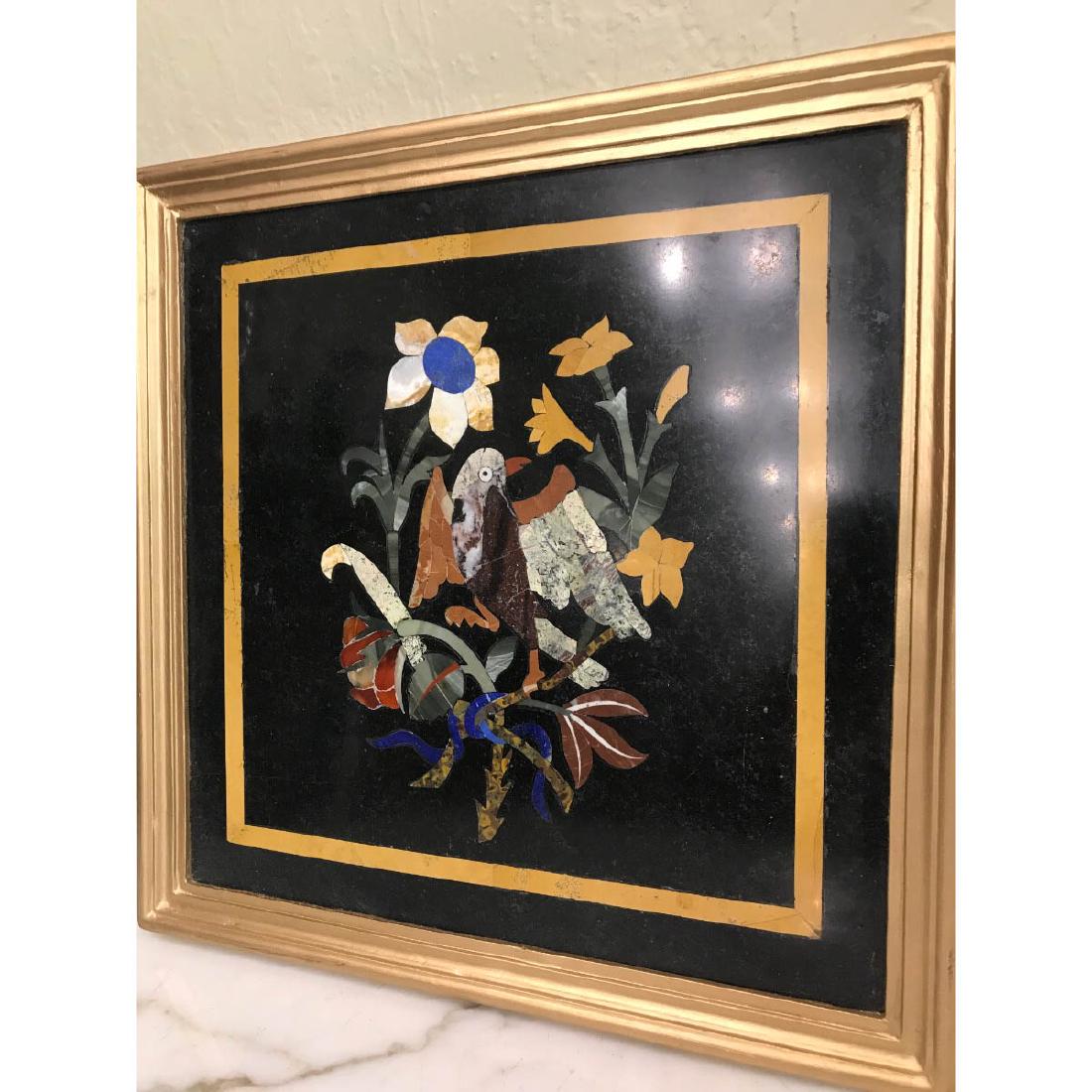 Pietra Dura Mosaic Art w/ Birds: Pietra dura mosaic art with birds on a tree. Various stones inlaid including jade, lapis lazuli, carnelian, and agate set in onyx. Framed in a gilded wooden frame measuring approx. 13"H x 13"W.