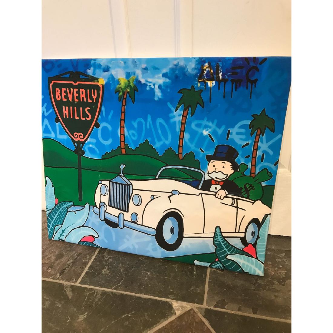 Alec Monopoly Print, Monopoly Man in Car: An Alec Monopoly reproduction, oil on canvas print of the Monopoly man in his car in Beverly Hills. Unframed, measures approx. 20"H x 23.5"W. In good condition, from a local estate.
