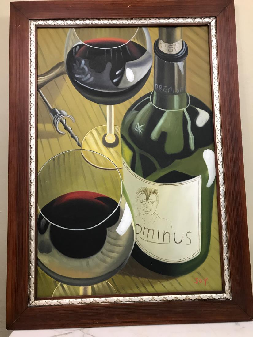 Oil on Canvas of Wine Bottle, Glasses: Oil on canvas painting of wine scene with wine bottle and two wine glasses. Signed by the artist. In good condition, from a local estate. Framed in a wooden frame measuring approx. 42.5"H x 30.5"W.