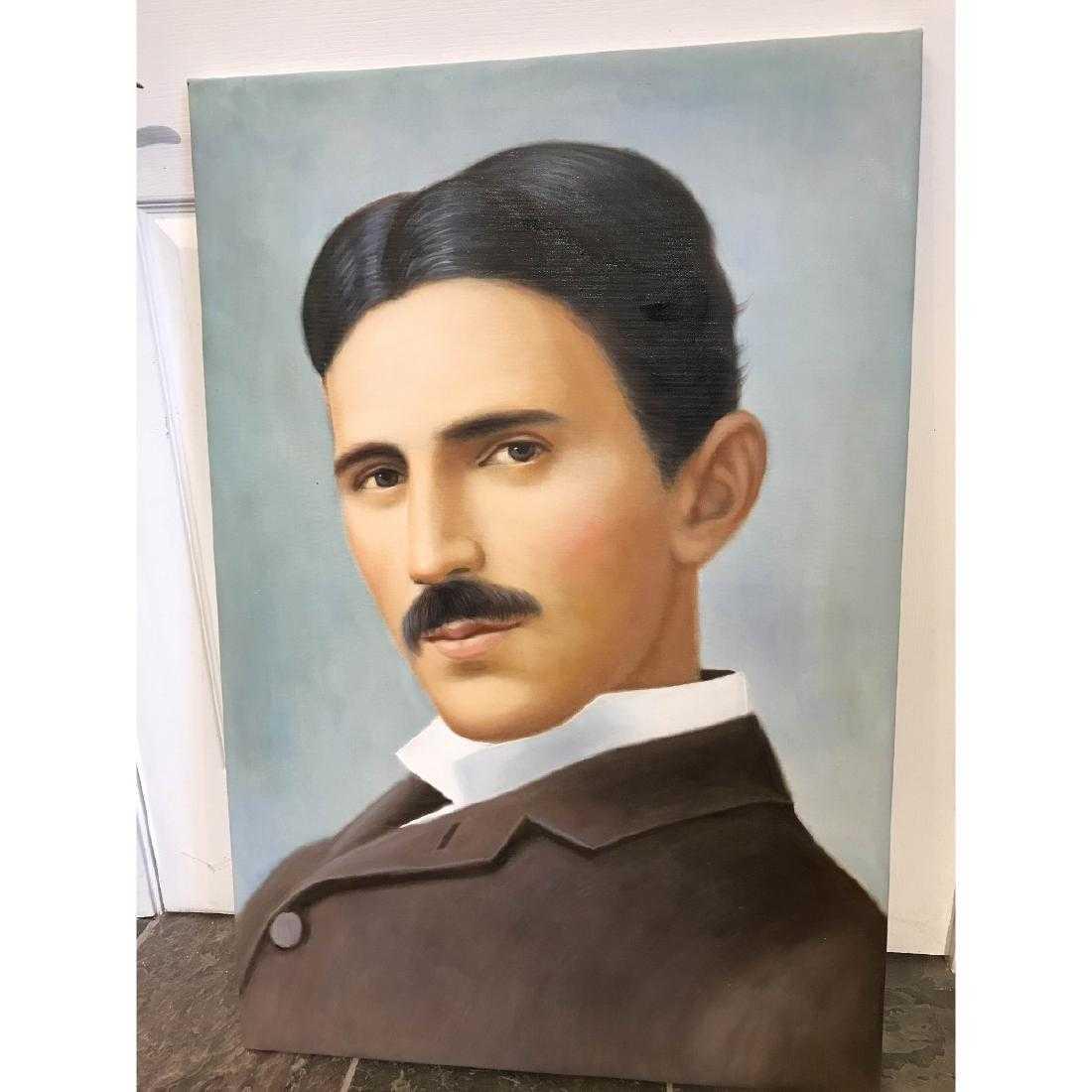 Oil on Canvas of Portrait of Nikola Tesla: Oil on canvas painting of Nikola Tesla. In good condition, from a local estate. Unframed, measures approx. 36"H x 24"W.