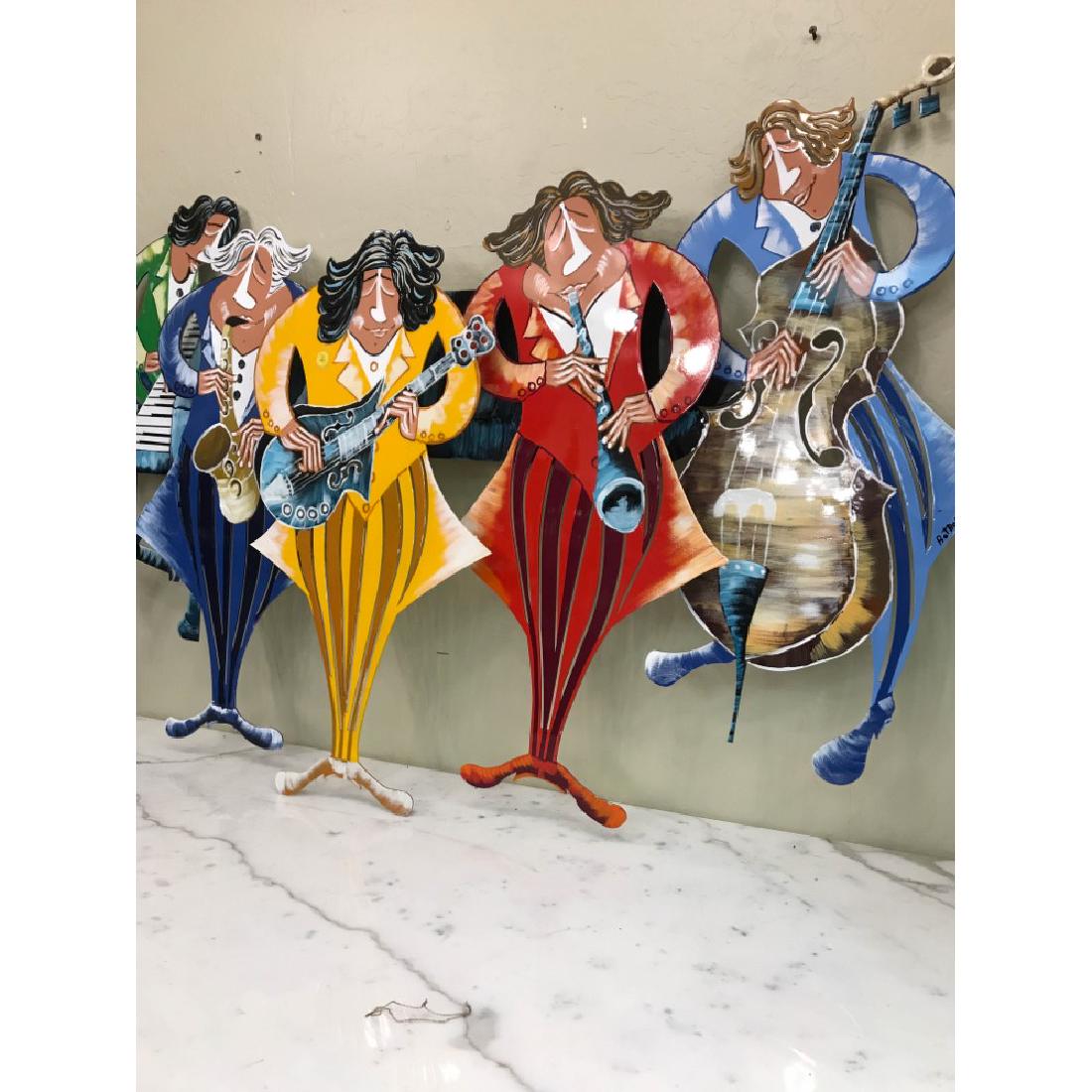 Magnificent Wall Hanging Artwork of Jazz Band: Magnificent Wall Hanging Artwork of Jazz Band . Color patina over metal signed BotBol Marcus. Hanging Installation in the back. private collector 33 H x 55 W x 3 1/2 D