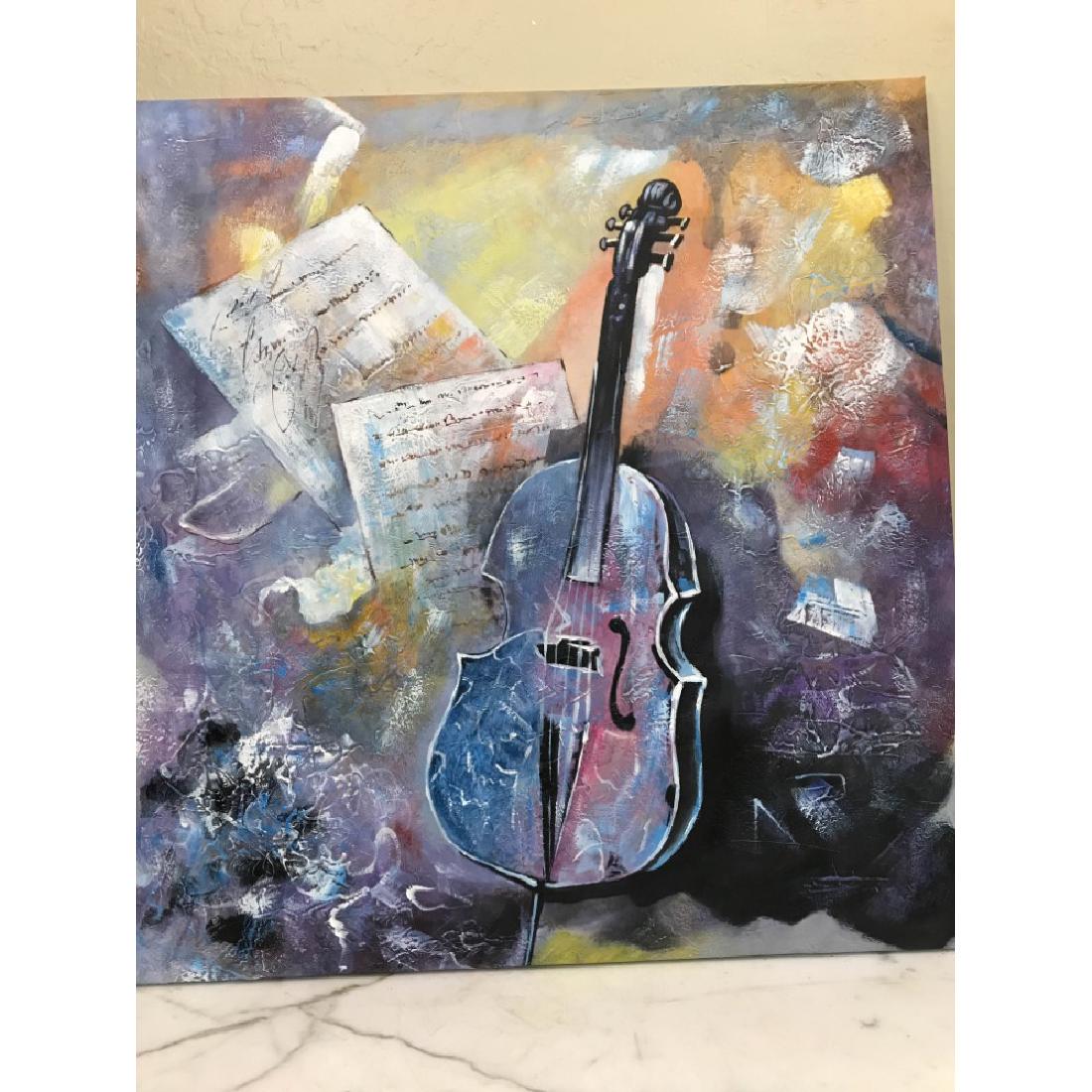Abstract Oil on Canvas of Violin: Abstract oil on canvas painting of a violin with notes. In good condition, from a private collection. Unframed, measures approx. 30"H x 30"W.