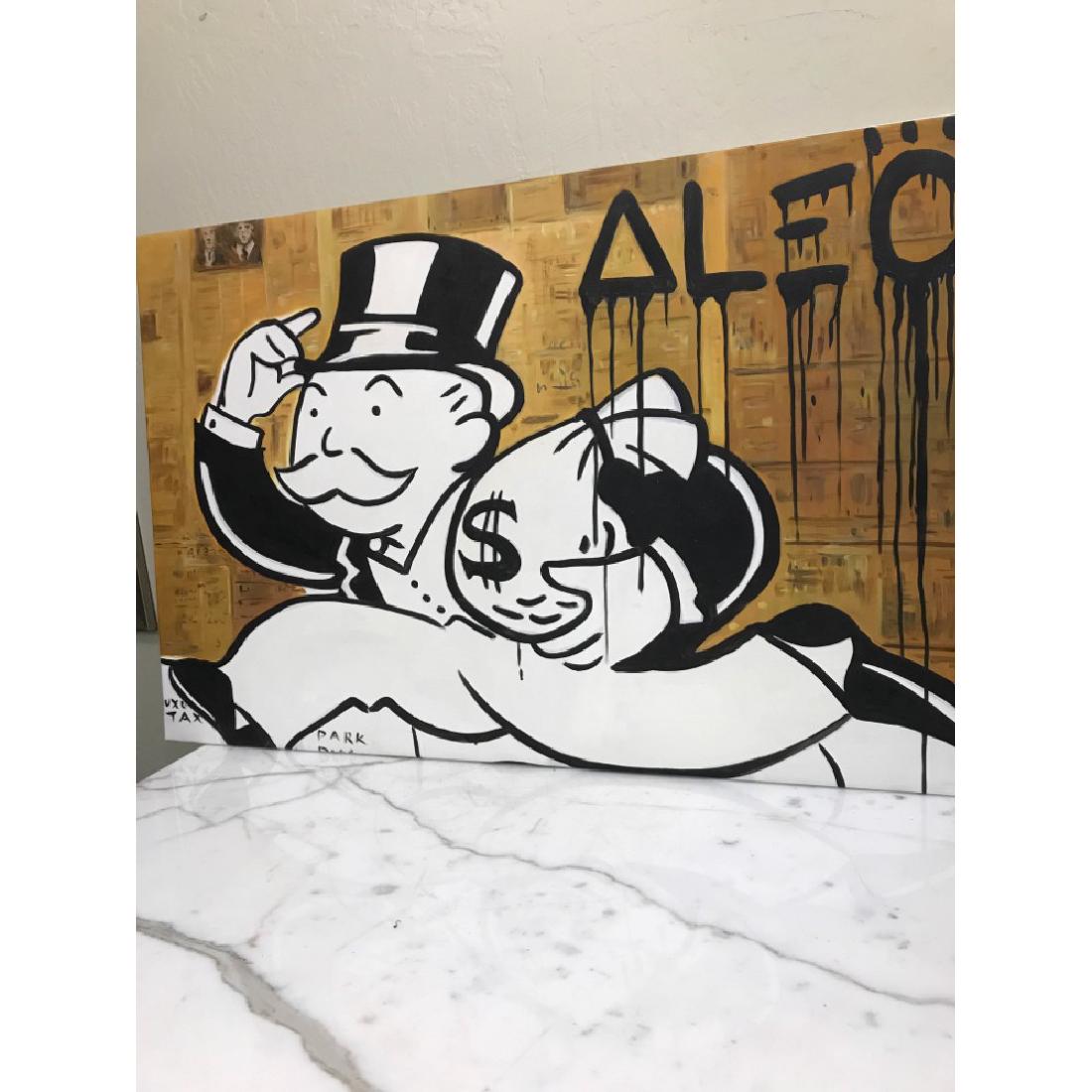 Oil on Canvas of Monopoly Man w/ Bag of Money: An Alec Monopoly reproduction oil on canvas painting of the Monopoly man running with a bag of money. From a local estate. Unframed, measures approx. 24"H x 36"W.