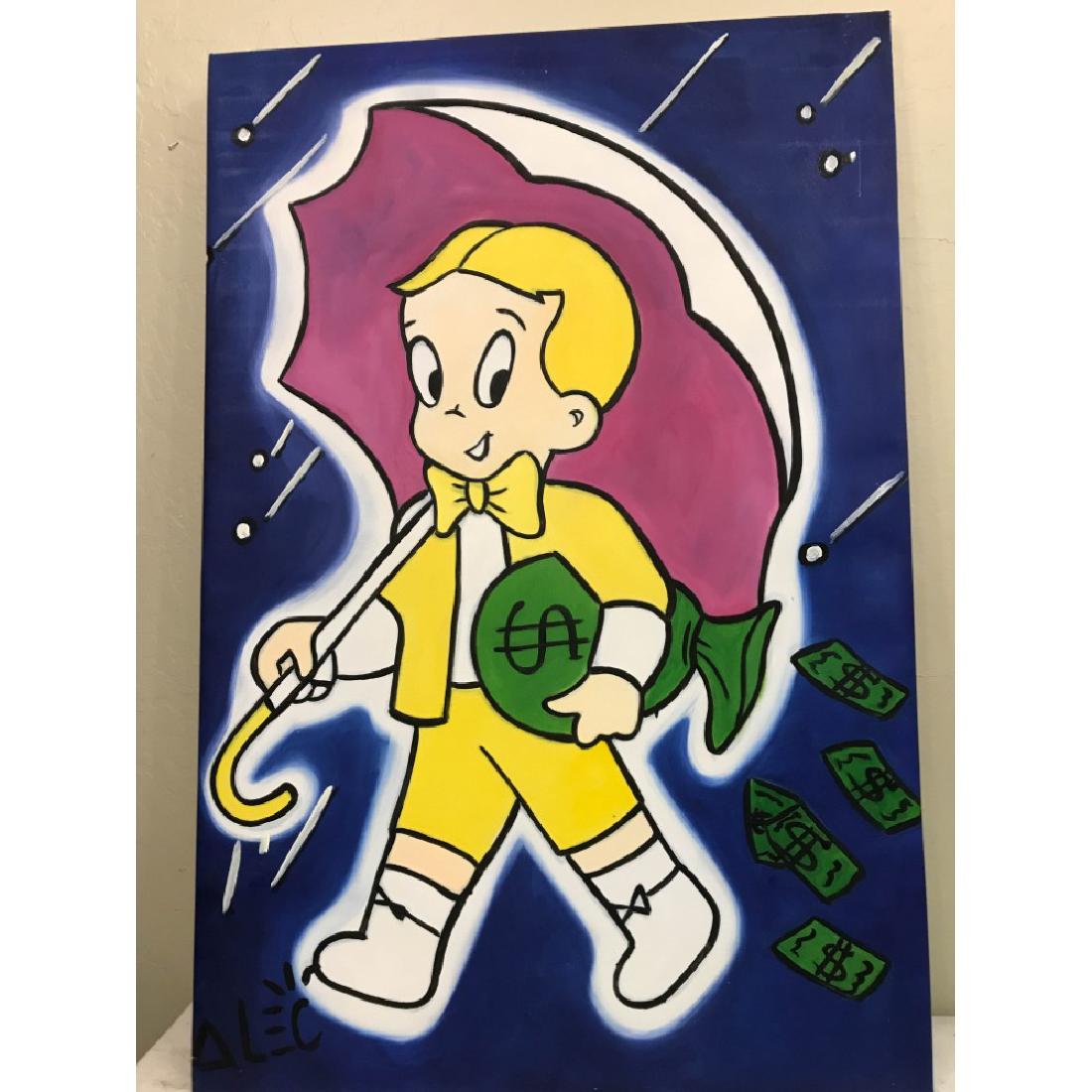 Alec Monopoly's Rich with Umbrella Oil on Canvas: An Alec Monopoly reproduction oil on canvas painting of Rich with umbrella and a bag of money. From a local estate. Unframed, measures approx. 36"H x 24"W.