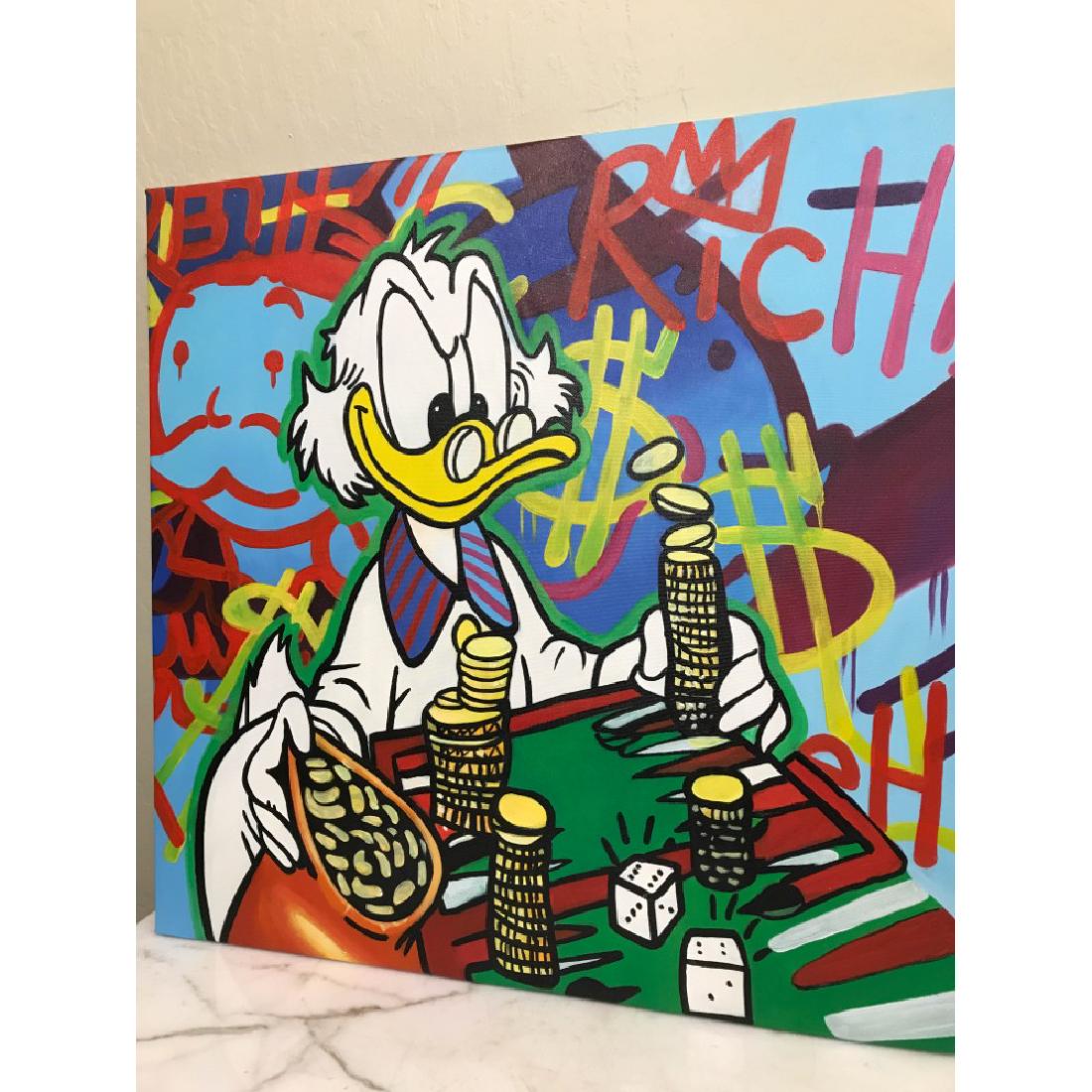 Oil on Canvas of Scrooge McDuck w/ Coins: An Alec Monopoly reproduction, oil on canvas of Scrooge McDuck with coins. Unframed, measures approx. 23.5"H x 23.5"W. In good condition, from a local estate.