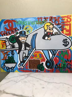 Oil on Canvas of Monopoly Man and Rich on Airplane: Alec Monopoly reproduction oil on canvas of Monopoly man and Rich on a plane with money. In good condition, from a local estate. Unframed, measures approx. 23.5"H x 32"W.