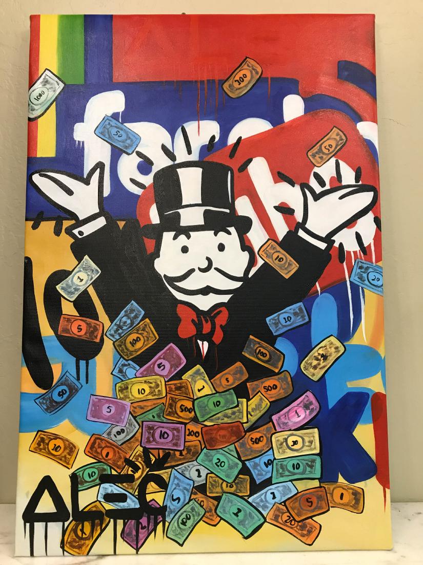 Oil on Canvas of Monopoly Man w/ Monopoly Money: Alec Monopoly reproduction oil on canvas of Monopoly man with Monopoly money. In good condition, from a local estate. Unframed, measures approx. 25.5"H x 23.5"W.