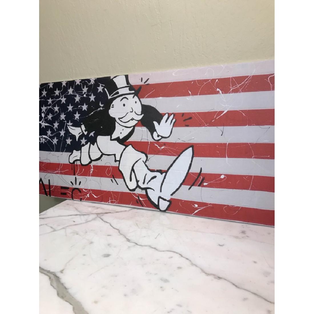Print on Canvas of Monopoly Man Running: An Alec Monopoly reproduction, print on canvas of Monopoly man running in front of the American flag. Unframed, measures approx. 18.5"H x 38.5"W. In good condition, from a local estate