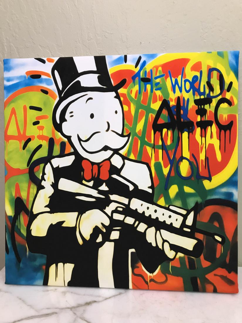 Alec Monopoly Reproduction, Mr. Monopoly w/ Gun: An Alec Monopoly reproduction, a print on canvas of Mr. Monopoly with a machine gun. In good condition, from a local estate. Measures approx. 19"H x 19"W.