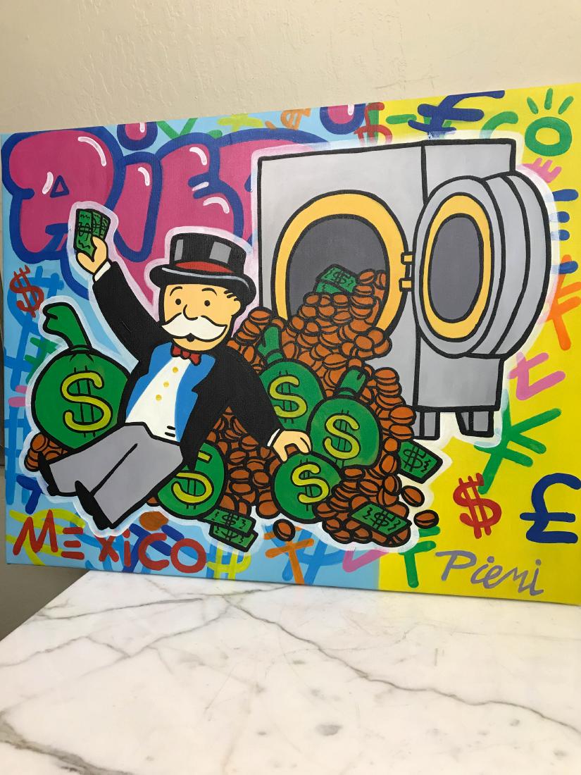 Alec Monopoly Reproduction, Mr. Monopoly w/ Money: An Alec Monopoly reproduction, an oil on canvas of Mr. Monopoly with washing machine and money. In good condition, from a local estate. Measures approx. 23.5"H x 30"W.