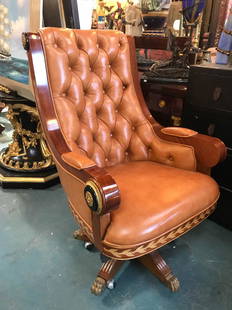 Large Leather Wood & Brass Office Chair: Large Leather Wood & Brass Office Chair w/ Wood Inlay Wheels & Adjustable Height Good Condition | Never Used Dimensions: 47H x 30W x 28D