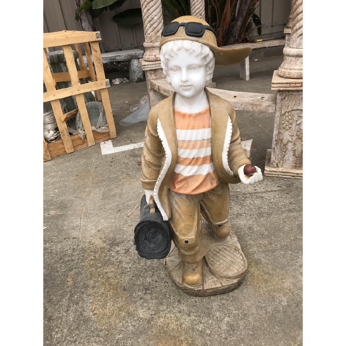 Multi-Colored Marble Statue Boy with Ball, Bag: Multi-colored marble statue of boy wearing a hat holding a ball on one hand and a bag in the other. Has some wear, overall in good condition. Measures approx. 39"H x 18"W x 16"D.