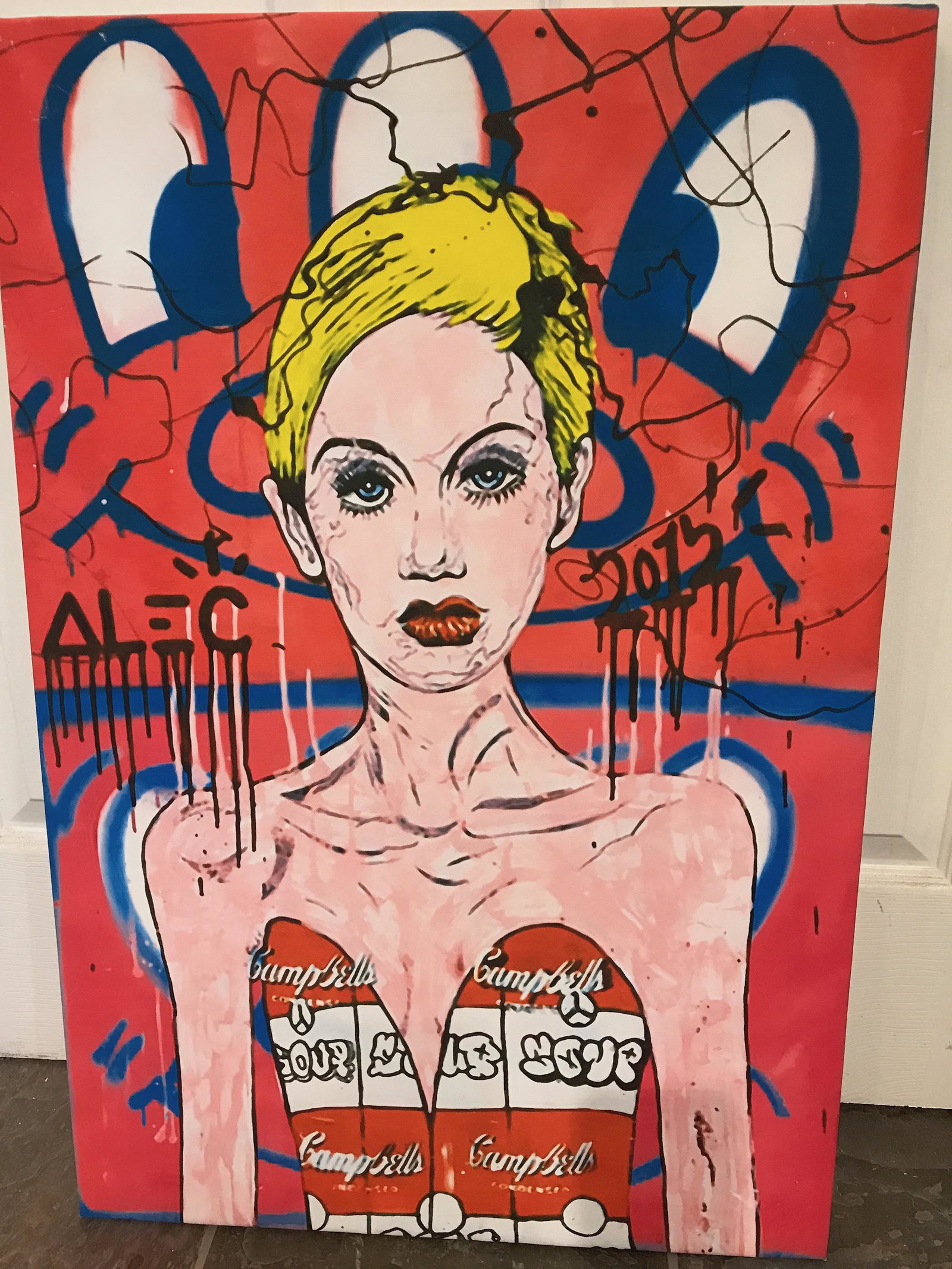 Alec Monopoly Reproduction - Woman in Campbell's Soup: An Alec Monopoly reproduction - Woman in Campbell's soup dress. A print on canvas, unframed. Measures approx. 29"H x 18.5"W.