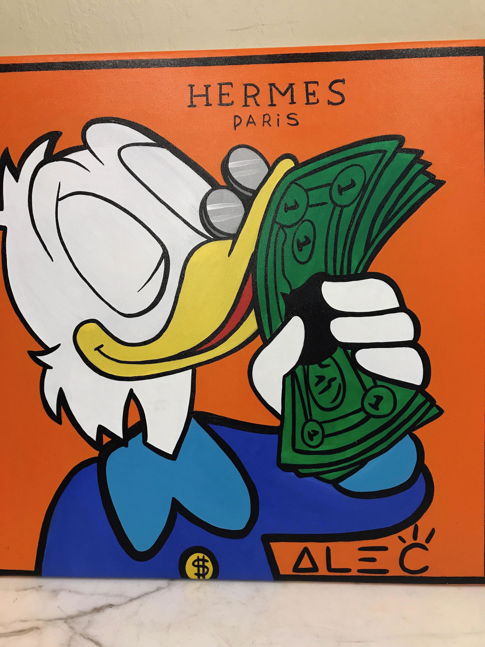 Oil on Canvas Alec Monopoly Reproduction - Donald: Oil on Canvas Alec Monopoly Reproduction - Donald Excellent Condition Private Collector Local Estate Dimensions: 23.5" x 23.5"
