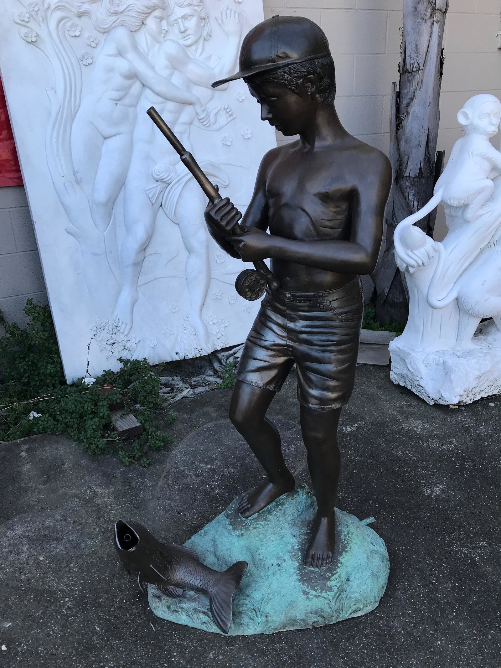 Bronze Statue / Fountain - Boy + Fish: Bronze Statue / Fountain - Boy + Fish Water Shoots From Fish's Mouth Hose in Back Good Detail Good Condition Dimensions: 55" x 29" x 18"