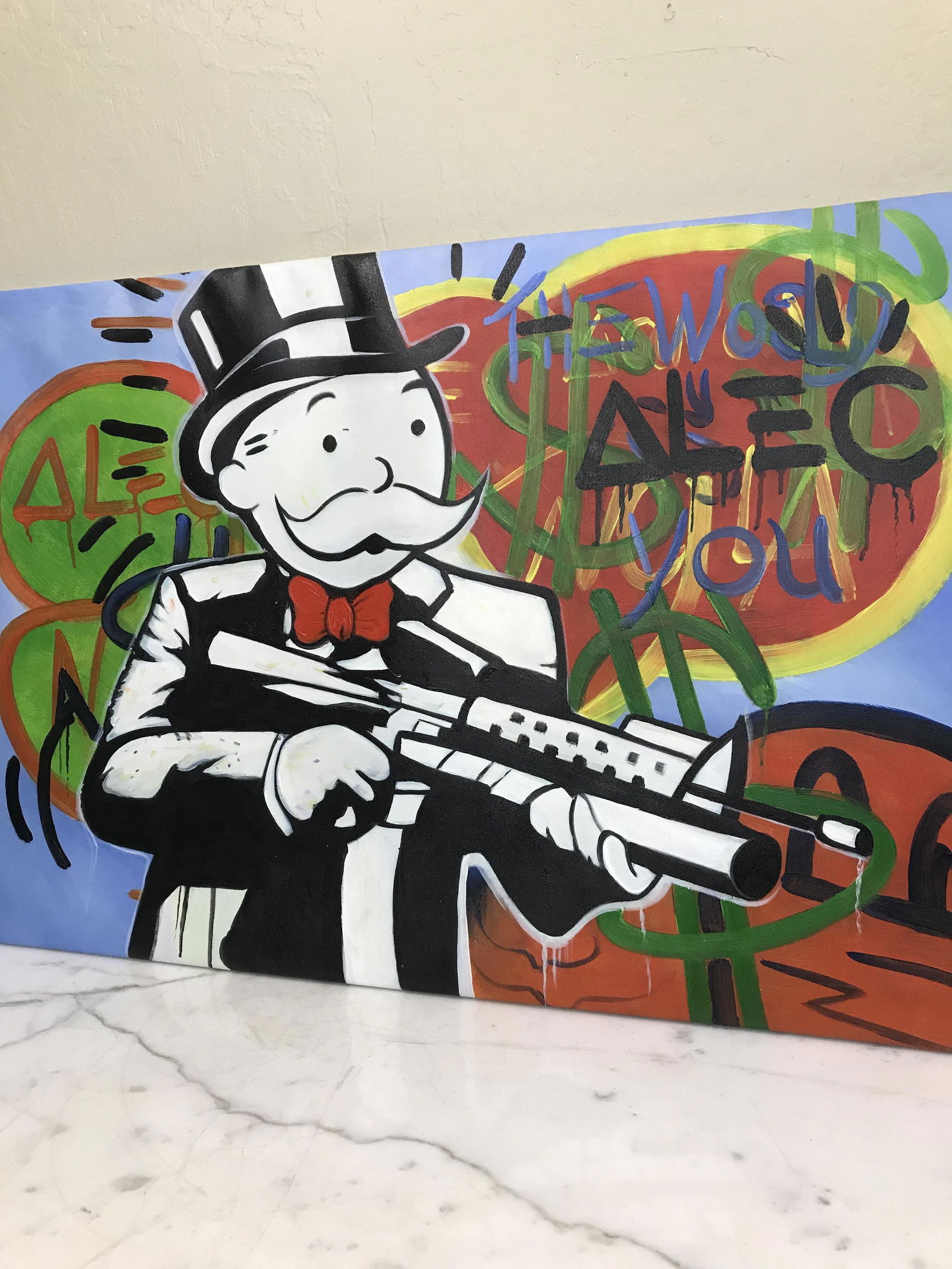 Oil on Canvas, Man with gun, Alec Monopoly Reproduction: Oil on Canvas. Alec Monopoly Reproduction Man with Gun Private Collector Local Estate Condition: Good Dimensions: 23.5" x 30.5"