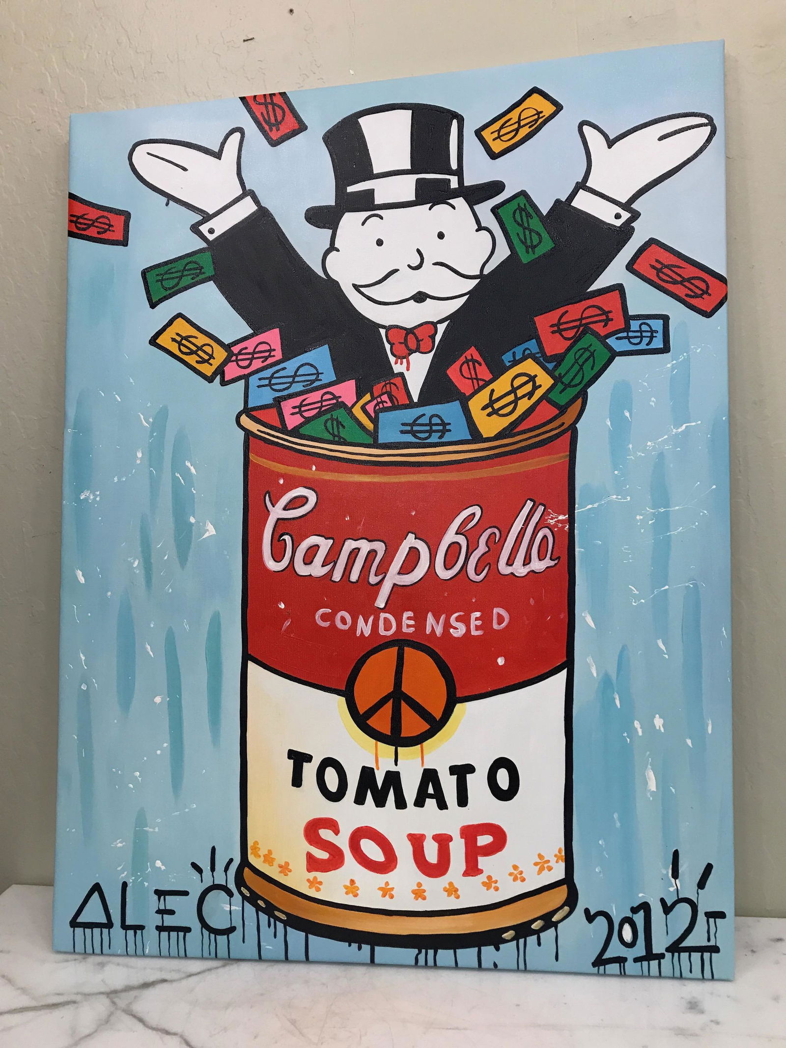 Oil on Canvas - Campbells Soup - Alec Monopoly: Oil on Canvas - Campbells Soup - Alec Monopoly Alec Monopoly Reproduction Dated 2012 Private Collector Local Estate Dimensions: 31.5" x 24"