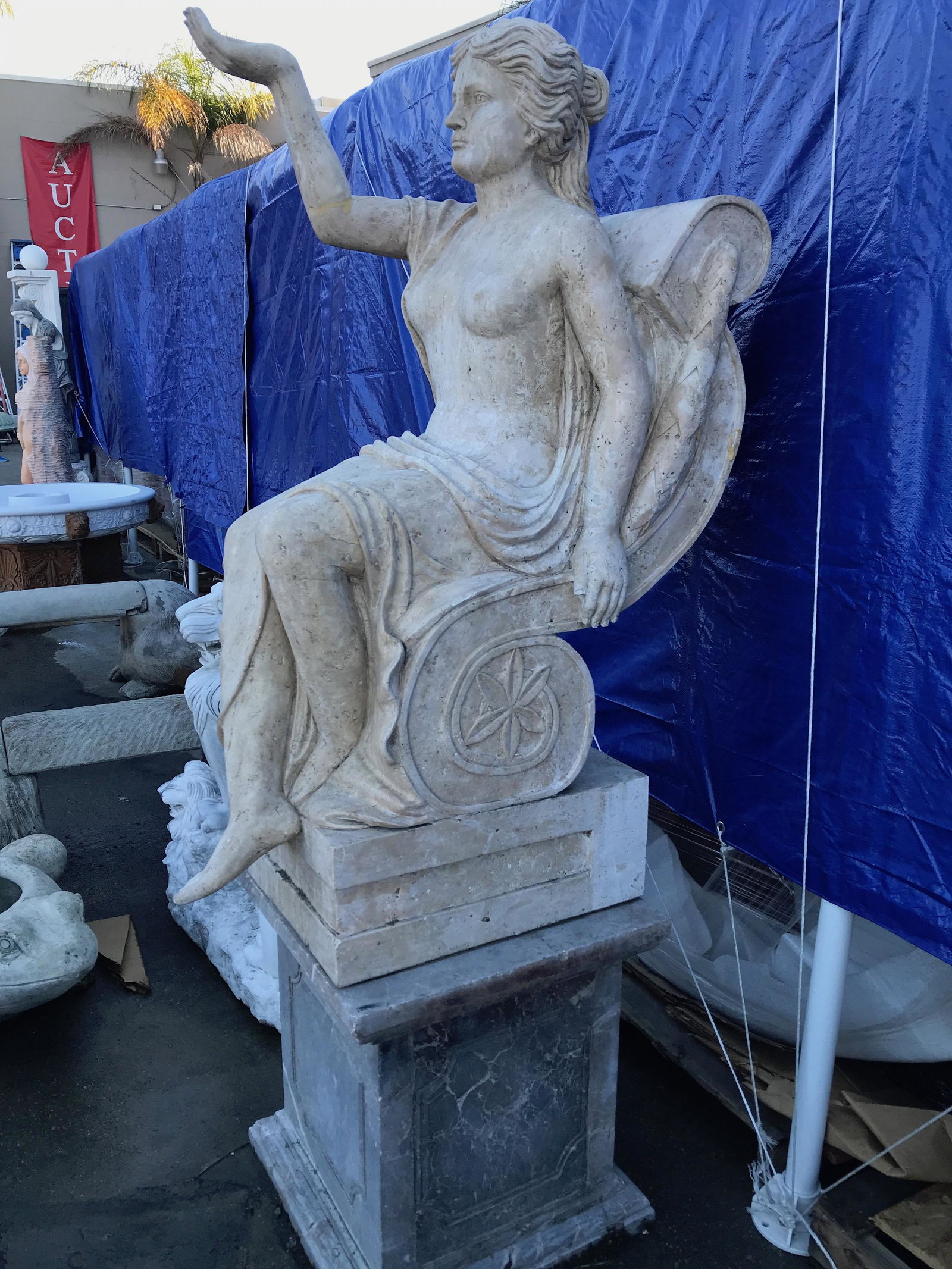 Hand Carved Travertine of Woman Sitting on Chair -: Hand Carved Travertine of Woman Sitting on Chair - Roman StyleComes with Marble BaseSome Repair was Performed. See Photos. Otherwise, Good ConditionDimensions: 72" x 19 1/2" x 32" with pedesta;