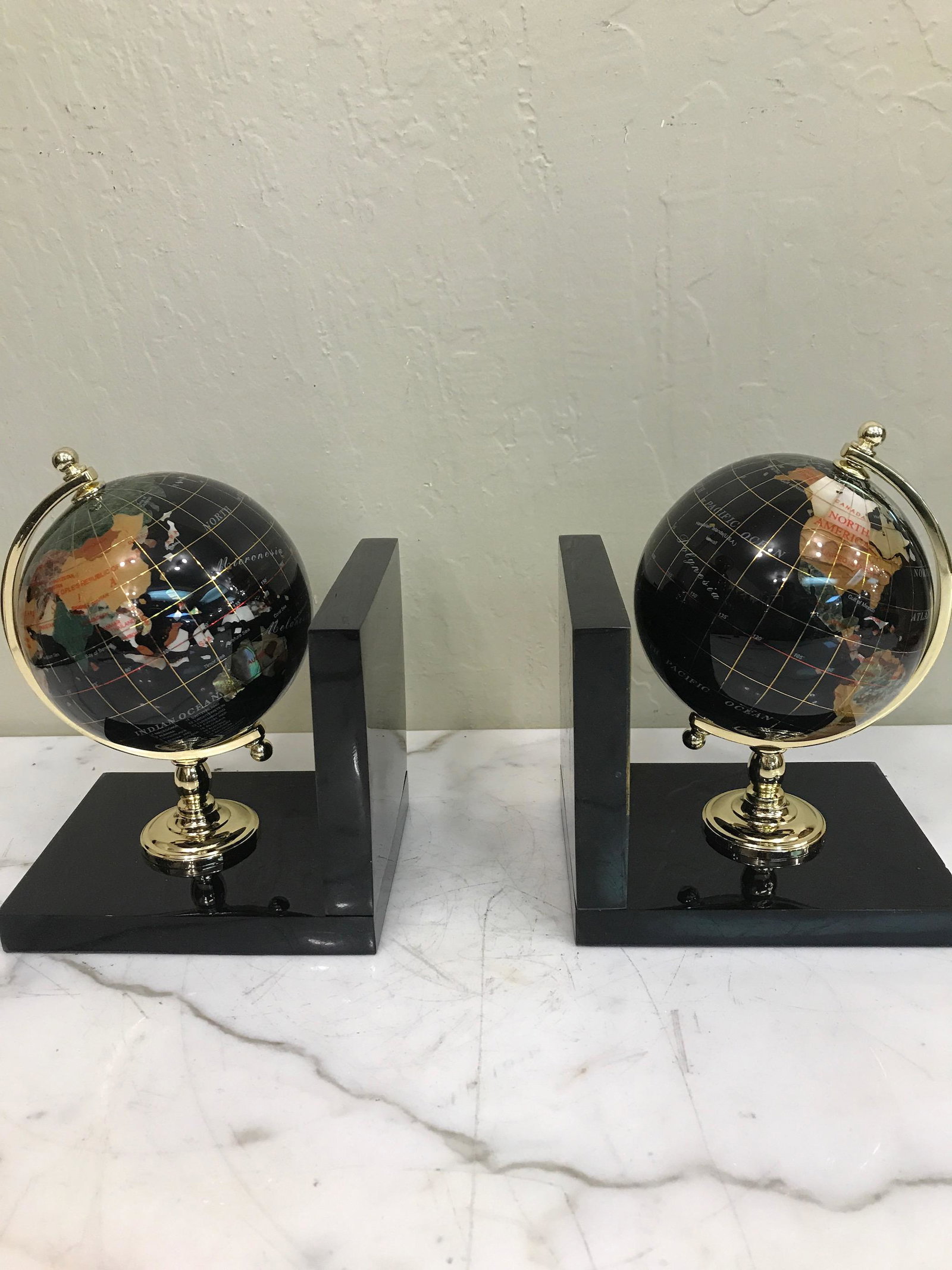 Pair of Bookends - Globes: Pair of Bookends - Globes Precious Stones Throughout Jade, Mother of Pearl Wood Stand 24K Gold Leaf Throughout Excellent ConditionNever Been Used Dimensions: 8" x 6" x 4 1/2"
