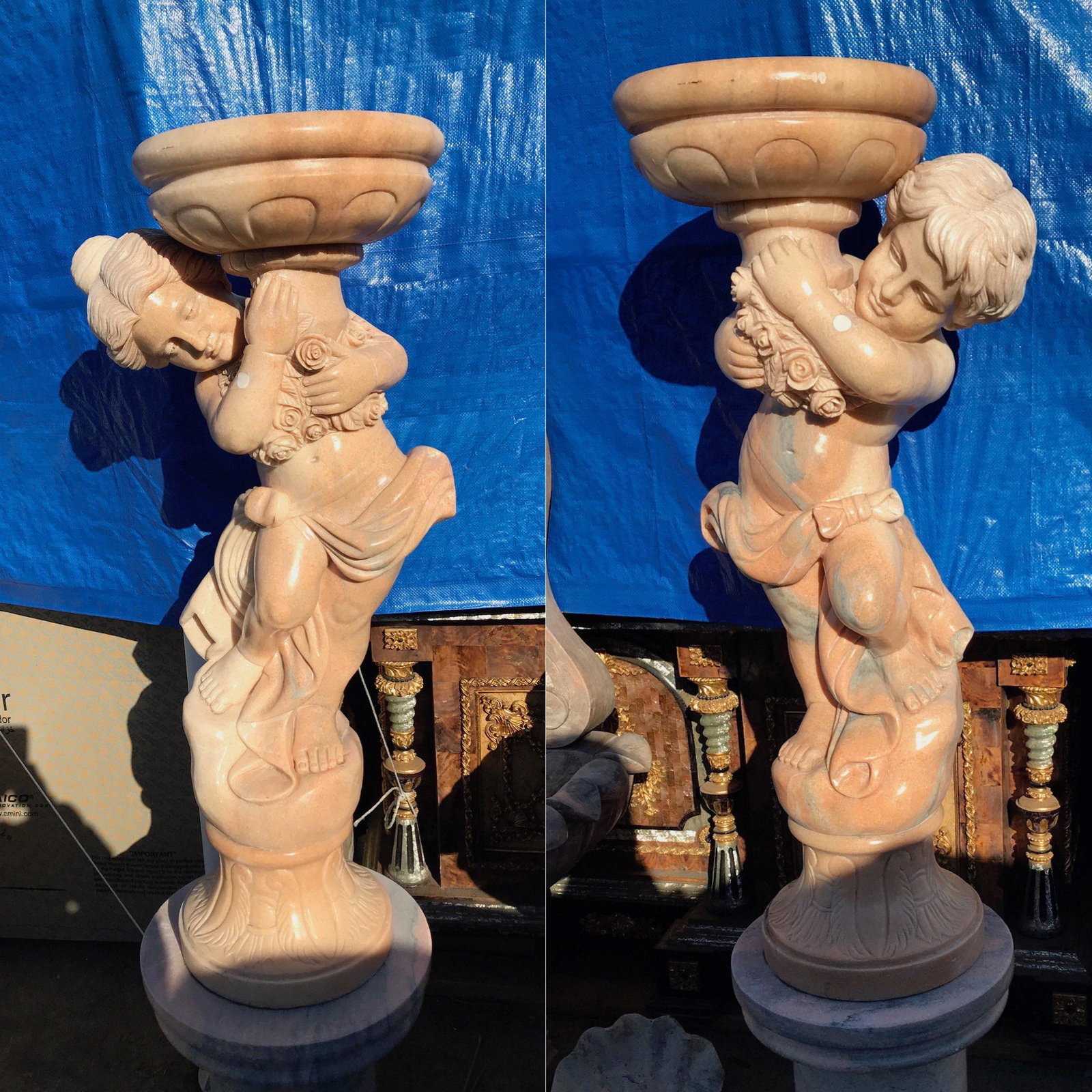 Pair of Salmon Color Marble Boy and Girl with Planter: Pair of Salmon Color Marble Boy and Girl with PlanterOn PedestalLocal EstatePrivate Collector Good ConditionPrivate Collector Good Condition Dimensions: 62" x 16" 14" each