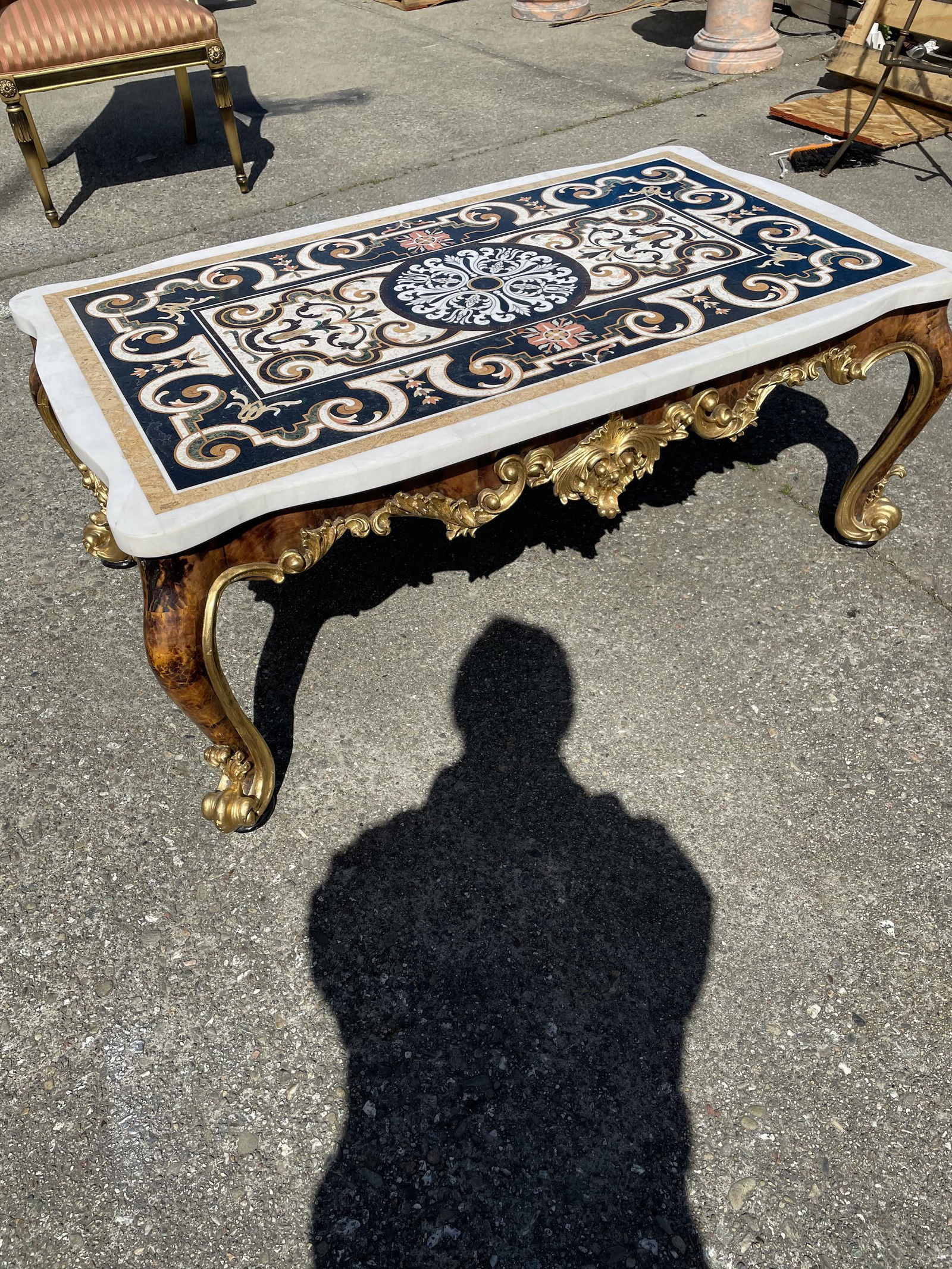 Mosaic Coffee Table: Mosaic Coffee Table Total Shell Inlay over Wood 24K Gold Leak Marble Top InlayLocal EstateGood Condition Dimensions: 19" x 48" x 28"