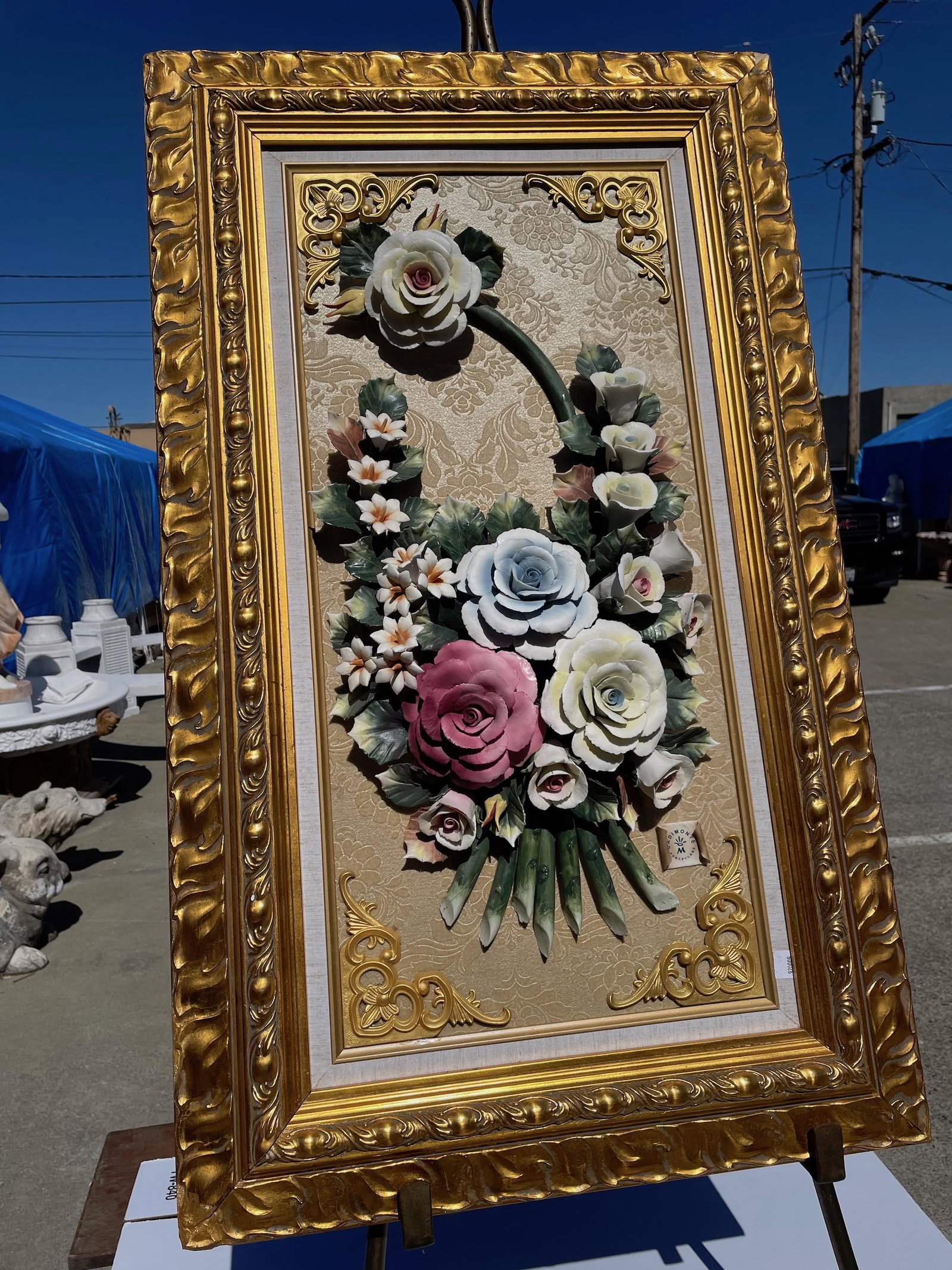 Spectacular Capodimonte Porcelain Relief: Spectacular Capodimonte Porcelain Relief Bouquet of Flowers Gilded Wood Frame Local EstateGood ConditionDimensions: 39" x 23" x 3 1/2"