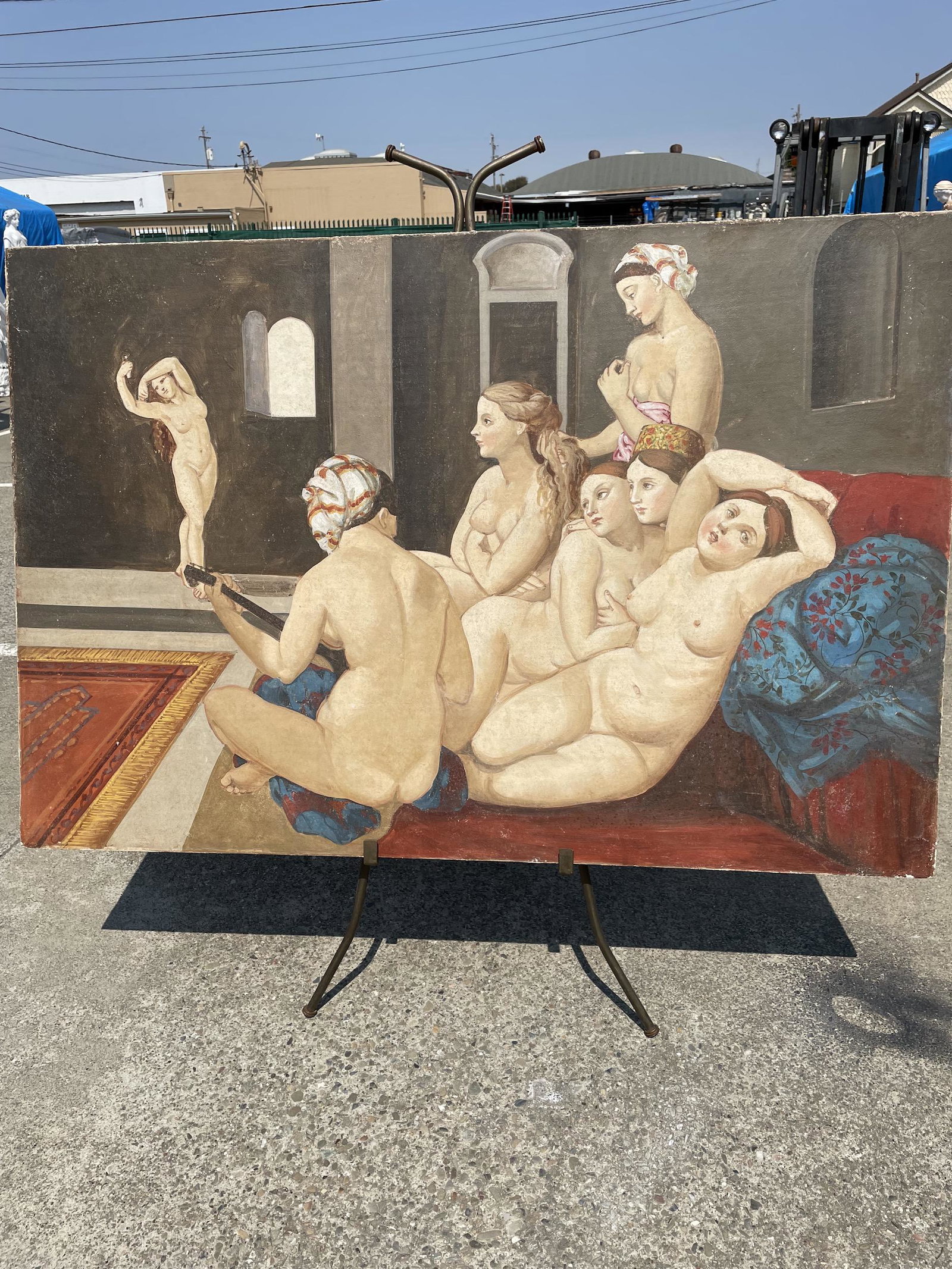 Nude Women in Turkish Hammam Wall Fresco: A vintage wall fresco depicting nude women in a Turkish Hammam. Has normal age wear, otherwise in good condition. From a local, private estate.Measures approx. 39.5"H x 49"W.