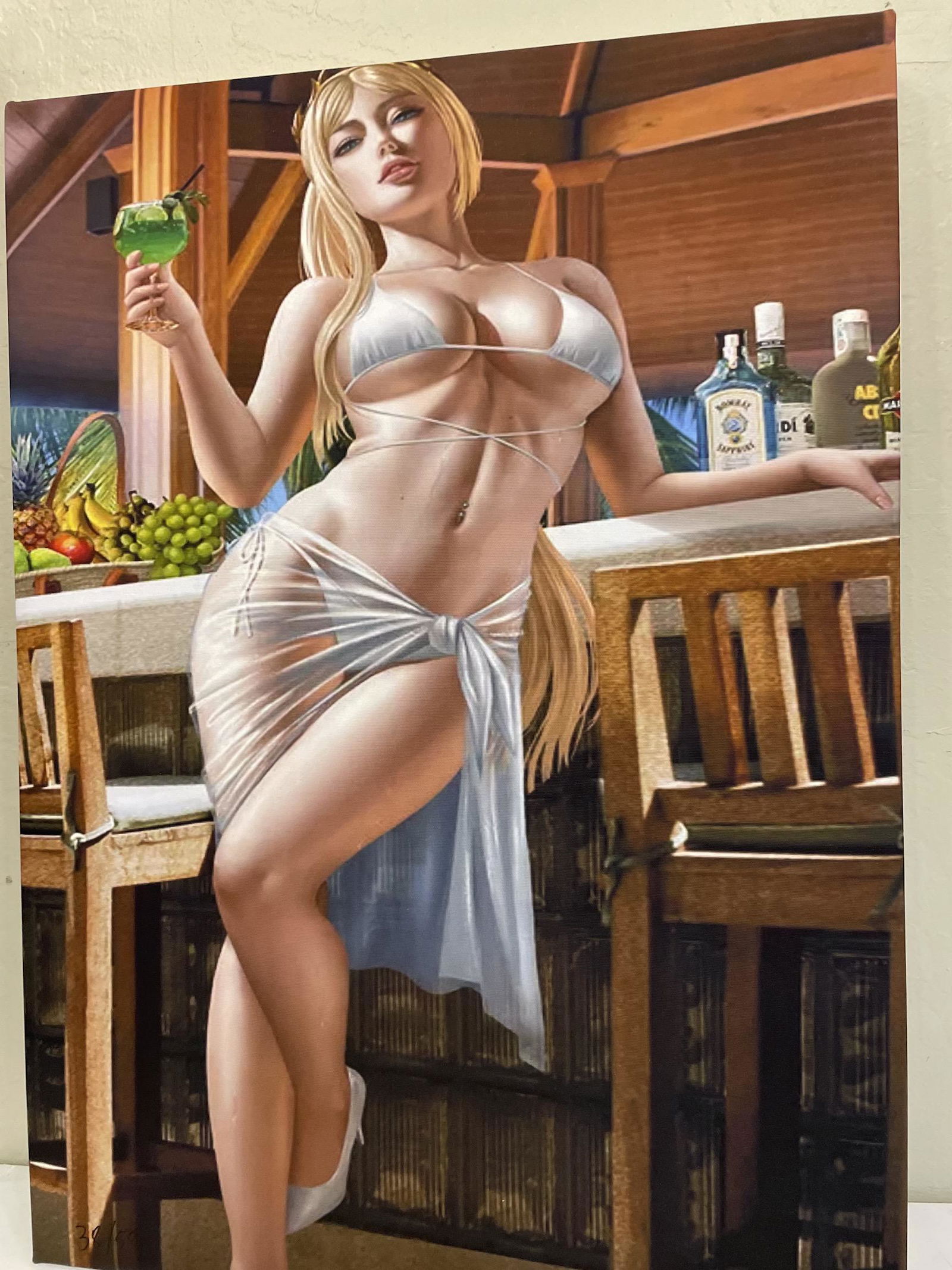 Giclee on Canvas - Erotic Woman with Cocktail: Erotic giclee on canvas depicting a woman with a cocktail. A limited edition, 38 of 50. In good condition. Unframed stretched canvas measuring approx. 28.5"H x 20.5"W.