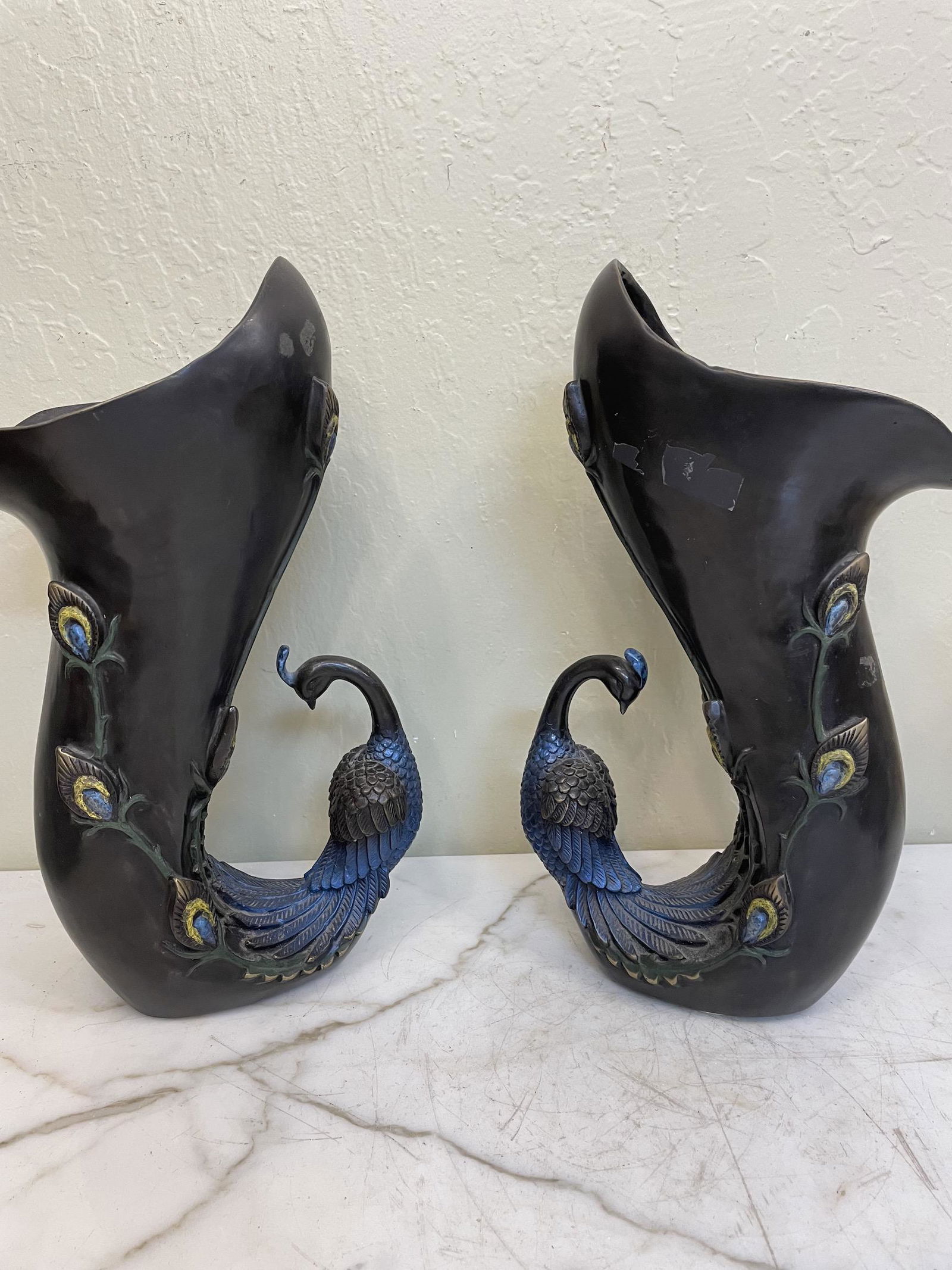 Pair of Multi-Patinated Bronze Peacock Vases (1 of 10)