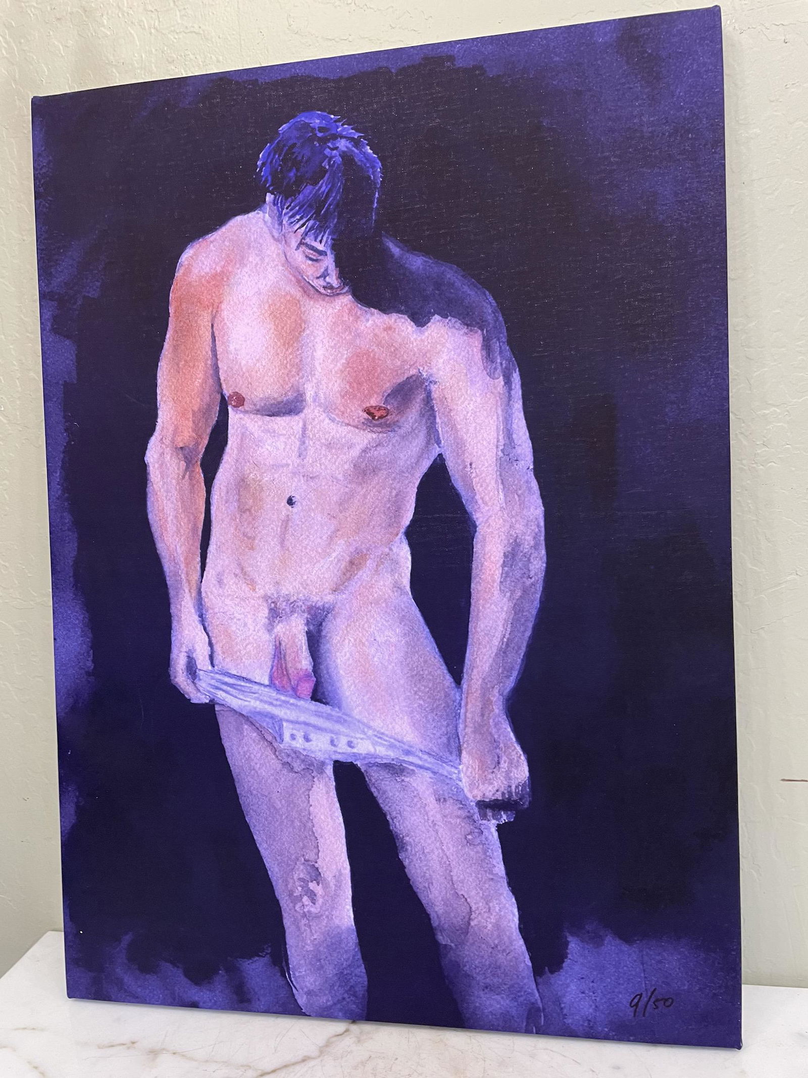Erotic Giclee on Canvas - Nude Male: Erotic giclee on canvas depicting a nude man. A limited edition, numbered 9 of 50. In good condition. Unframed stretched canvas measuring approx. 28.5"H x 20.5"W. From a local, private estate.