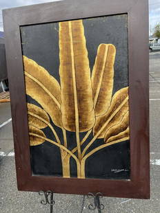 24k Gold Silk Print on Canvas, Signed: Unusual 24k gold silk print of leaves on canvas. Signed. Framed in a wood frame with light wear measuring approx. 43.5"H x 31.5"W.