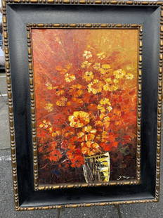 Oil on Canvas - Bouquet of Flowers, Signed: Abstract still life oil on canvas painting depicting a bouquet of flowers. In good condition. Signed. Framed in a wood frame measuring approx. 47"H x 35"W.