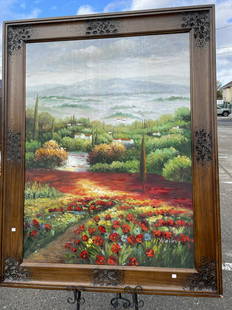 Oil on Canvas - Landscape Scene, Signed: Large oil on canvas painting depicting a scene of the countryside with mountains and flowers. Signed. Framed in a wooden frame measuring approx. 57"H x 45"W. Minor wear on frame.