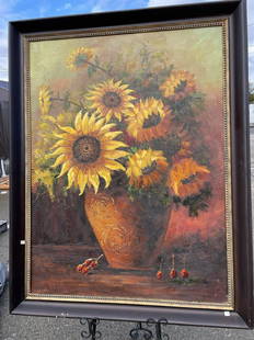 Oil on Canvas - Bouquet of Sunflowers: Still life oil on canvas painting depicting a bouquet of sunflowers. In good condition. Signed. Framed in a wood frame with minor wear measuring approx. 56"H x 44"W.