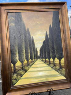 Abstract Oil on Canvas - Tree Lined Road: Abstract oil on canvas painting depicting a tree lined road. Signed. In good condition. Framed in a wooden frame measuring approx. 59"h x 47"W.