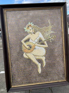 Oil on Canvas - Woman Playing Mandolin: Oil on canvas painting depicting a woman playing a mandolin. In good condition. Framed in a wooden frame measuring approx. 55.5"H x 43.5"W.