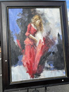 Large Oil on Canvas - Woman in Red: Large oil on canvas painting depicting a woman in red. Signed. Framed in a wooden frame measuring approx. 59"H x 47"W.