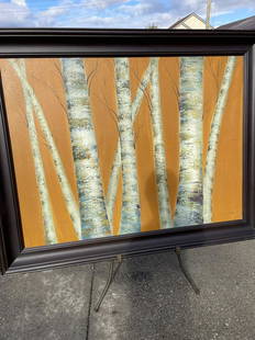 Large Oil on Canvas - Trees in the Woods: Large oil on canvas painting depicting trees in the woods. Signed. In good condition. Framed in a wooden frame measuring approx. 44.5"H x 56.5"W. Minor wear on frame.