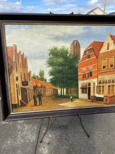 Oil on Canvas - Village Scene, Framed: Oil on canvas painting depicting a village scene. In good condition. Framed in a wooden frame measuring approx. 44"H x 56"W.