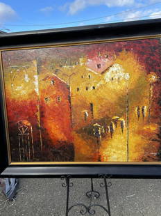 Abstract Oil on Canvas - Street Scenery: Abstract oil on canvas painting depicting street scenery. Signed. In good condition. Framed in a wooden frame measuring approx. 45"h x 57"W.