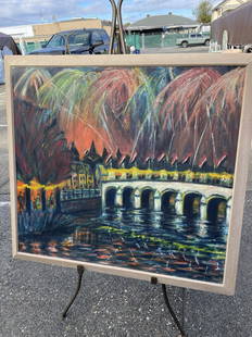 Vintage Fireworks Over City Oil Painting: Vintage oil on canvas painting depicting a city scene at night with fireworks and bridge. Initialed by the artist and dated, 1969. In good condition. Framed in a wooden frame measuring approx. 35"H x