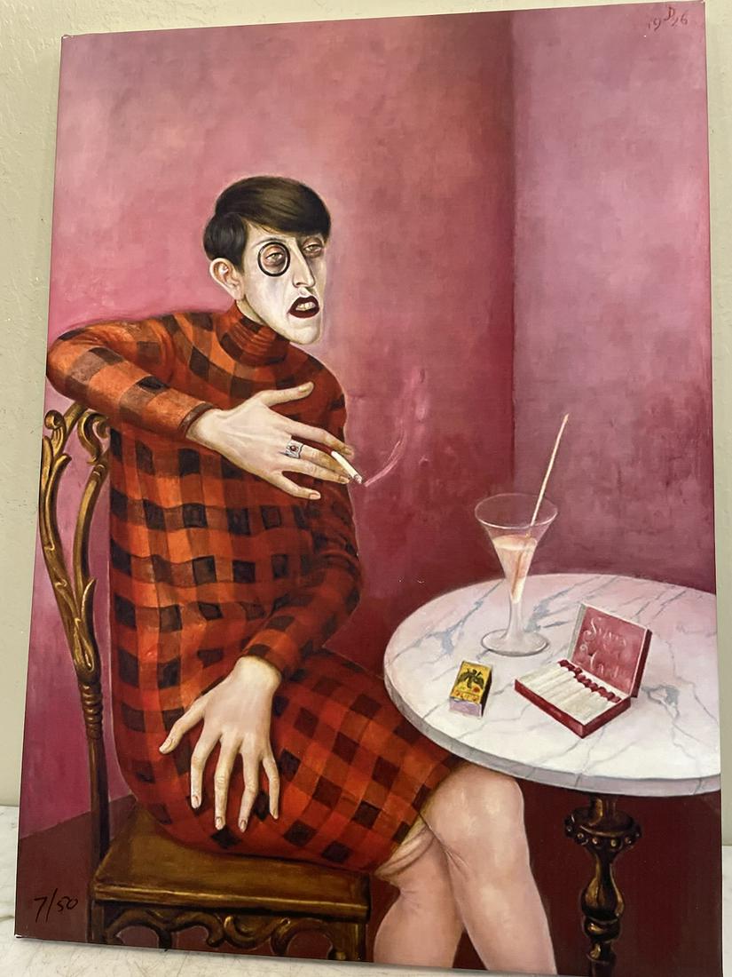 Unique Giclee on Canvas- Person Smoking Cigarette: Unique giclee on canvas depicting a person sitting at a table smoking a cigarette. A limited edition numbered 7/50. In excellent condition. From a private, local estate. On stretched canvas, unframed.