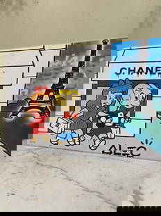 Oil on Canvas - Ritchie Rich Shopping at Chanel: Oil on canvas Alec Monopoly reproduction with Ritchie Rich shopping at Chanel. Unframed. Measures approx. 24"H x 35.5"W. In good condition. From a local estate.