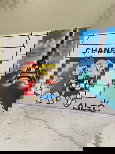 Oil on Canvas - Ritchie Rich Shopping at Chanel: Oil on canvas Alec Monopoly reproduction with Ritchie Rich shopping at Chanel. Unframed. Measures approx. 24"H x 35.5"W. In good condition. From a local estate.