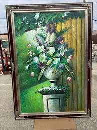 Large Oil on Canvas - Bouquet of Flowers on Pedalstool