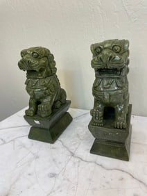 Hand-Carved Dark Green Jade Foo Lion Statues